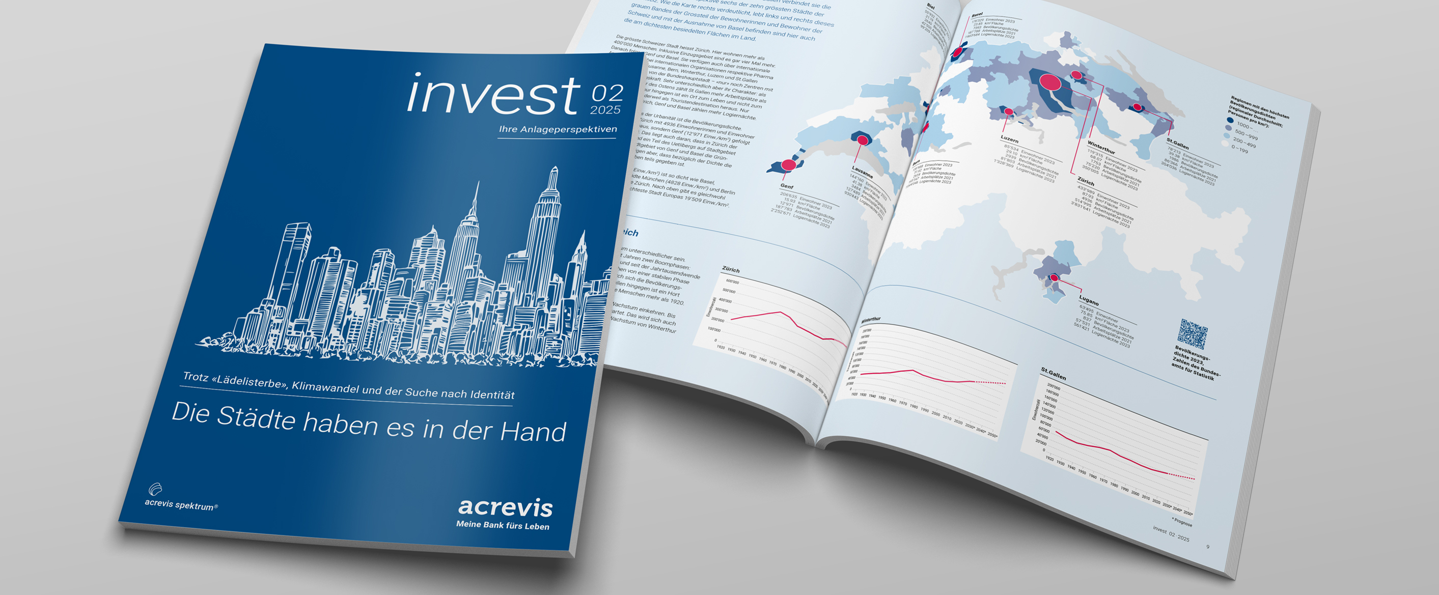 Anlagemagazin acrevis invest 02-2025 Titelseite und Grafikseite